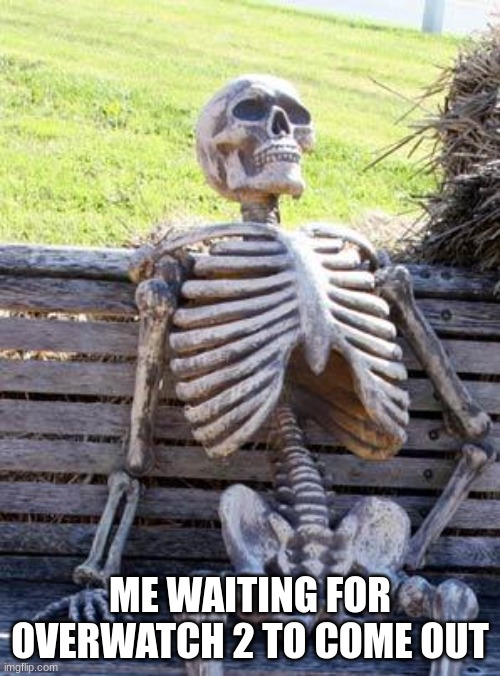Overwatch 2 releasing in 2040 | ME WAITING FOR OVERWATCH 2 TO COME OUT | image tagged in memes,waiting skeleton | made w/ Imgflip meme maker