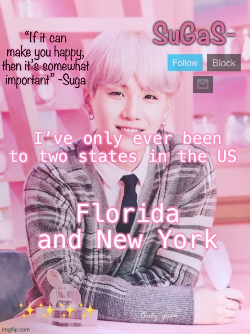 SuGaS’s peachy template | I’ve only ever been to two states in the US; Florida and New York | image tagged in sugas s peachy template | made w/ Imgflip meme maker