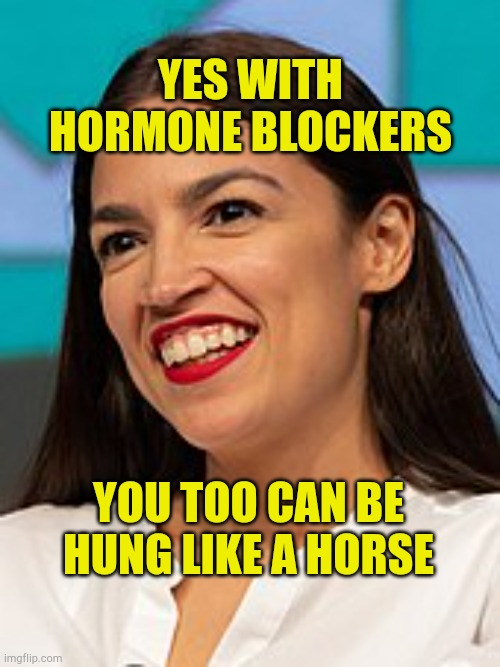 Like a Horse | YES WITH HORMONE BLOCKERS; YOU TOO CAN BE HUNG LIKE A HORSE | image tagged in like a horse,horse face,crazy aoc,and then the devil said,liberal hypocrisy,epic fail | made w/ Imgflip meme maker