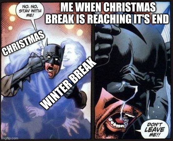 Batman don't leave me | ME WHEN CHRISTMAS BREAK IS REACHING IT'S END; CHRISTMAS; WINTER BREAK | image tagged in batman don't leave me | made w/ Imgflip meme maker