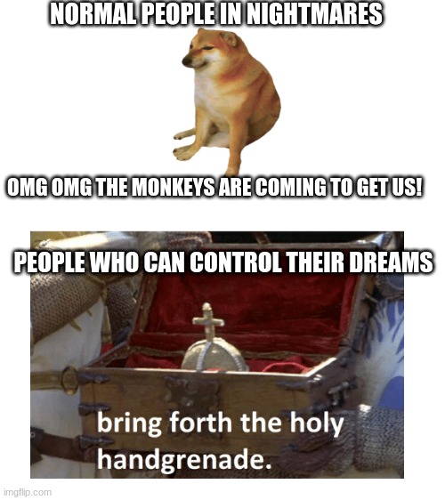 Dreams | NORMAL PEOPLE IN NIGHTMARES; OMG OMG THE MONKEYS ARE COMING TO GET US! PEOPLE WHO CAN CONTROL THEIR DREAMS | image tagged in dreams | made w/ Imgflip meme maker