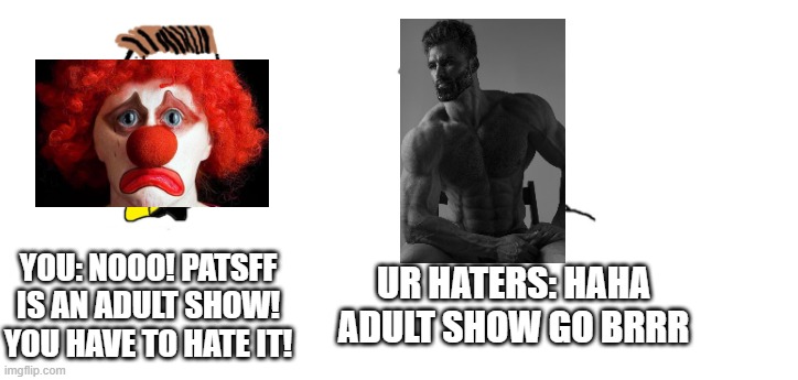 nooo haha go brrr | YOU: NOOO! PATSFF IS AN ADULT SHOW! YOU HAVE TO HATE IT! UR HATERS: HAHA ADULT SHOW GO BRRR | image tagged in nooo haha go brrr | made w/ Imgflip meme maker