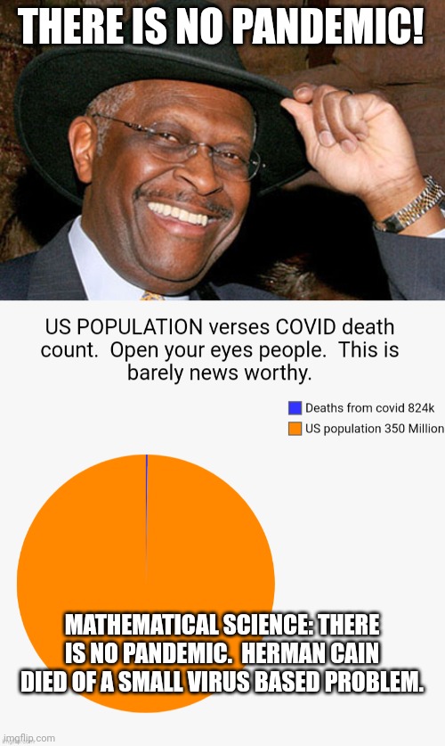 THERE IS NO PANDEMIC! MATHEMATICAL SCIENCE: THERE IS NO PANDEMIC.  HERMAN CAIN DIED OF A SMALL VIRUS BASED PROBLEM. | image tagged in herman cain | made w/ Imgflip meme maker