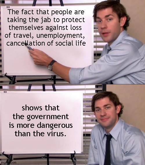 We're from the Government and we are here to help | The fact that people are
taking the jab to protect
themselves against loss 
of travel, unemployment, 
cancellation of social life; shows that the government
is more dangerous
than the virus. | image tagged in jim halpert explains,government,overreach,mandates | made w/ Imgflip meme maker