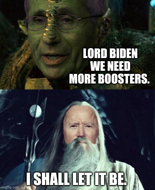 Let thy kingdom take boosters forever. | LORD BIDEN WE NEED MORE BOOSTERS. I SHALL LET IT BE. | image tagged in fauci and saruman biden | made w/ Imgflip meme maker