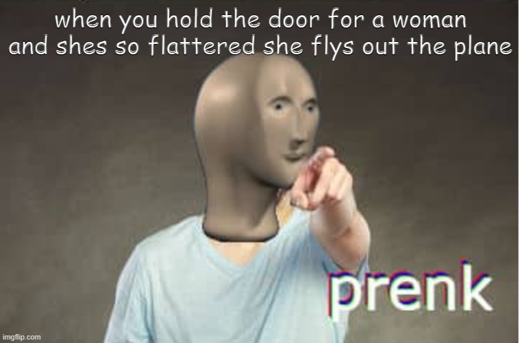 WEEEEEEE-*splat* | when you hold the door for a woman and shes so flattered she flys out the plane | image tagged in prenk,meme man,memes,funny,dark humor | made w/ Imgflip meme maker