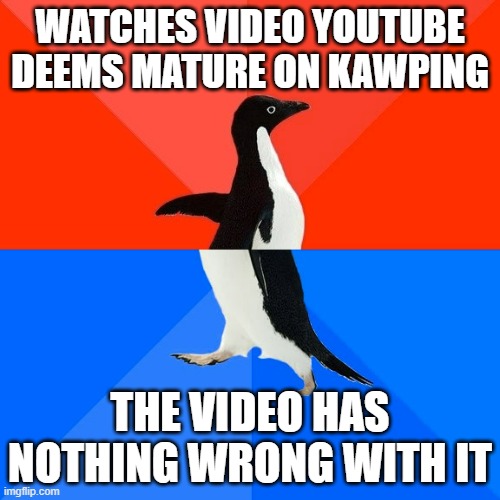Meanwhile some guy said stop r34 with r34 images without censoring them and it was for everyone | WATCHES VIDEO YOUTUBE DEEMS MATURE ON KAWPING; THE VIDEO HAS NOTHING WRONG WITH IT | image tagged in memes,socially awesome awkward penguin | made w/ Imgflip meme maker