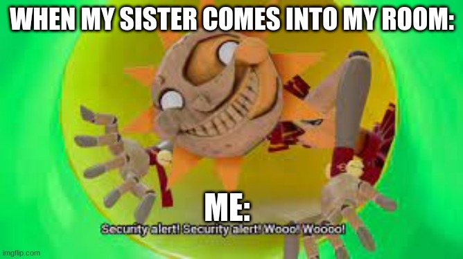 Untitled | WHEN MY SISTER COMES INTO MY ROOM:; ME: | image tagged in siblings,sisters | made w/ Imgflip meme maker