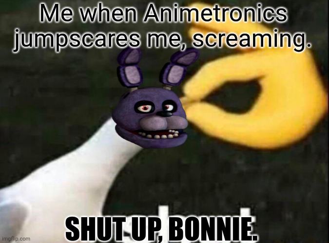 SHUT UP BONNIE! | Me when Animetronics jumpscares me, screaming. SHUT UP, BONNIE. | image tagged in shut | made w/ Imgflip meme maker