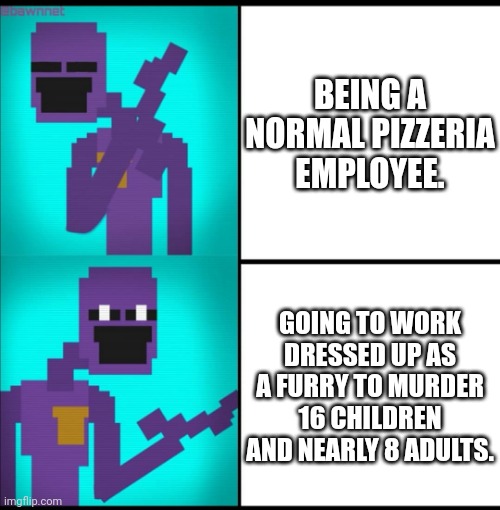 FNaF Lore Basics | BEING A NORMAL PIZZERIA EMPLOYEE. GOING TO WORK DRESSED UP AS A FURRY TO MURDER 16 CHILDREN AND NEARLY 8 ADULTS. | image tagged in drake hotline bling meme fnaf edition | made w/ Imgflip meme maker