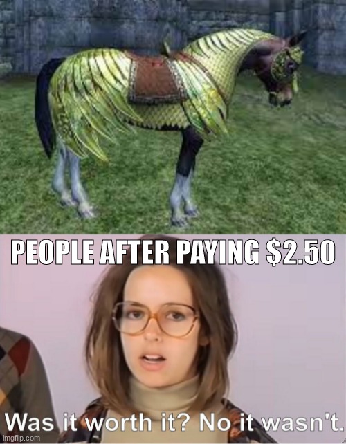 Horse armor dlc be pricy | PEOPLE AFTER PAYING $2.50 | image tagged in was it worth it no it wasn't,skyrim | made w/ Imgflip meme maker