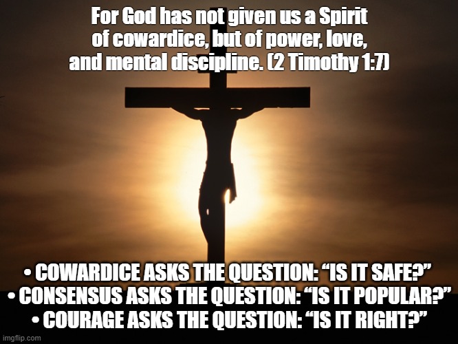Courage from God | For God has not given us a Spirit of cowardice, but of power, love, and mental discipline. (2 Timothy 1:7); •	COWARDICE ASKS THE QUESTION: “IS IT SAFE?” 
•	CONSENSUS ASKS THE QUESTION: “IS IT POPULAR?”
•	COURAGE ASKS THE QUESTION: “IS IT RIGHT?” | image tagged in christian | made w/ Imgflip meme maker