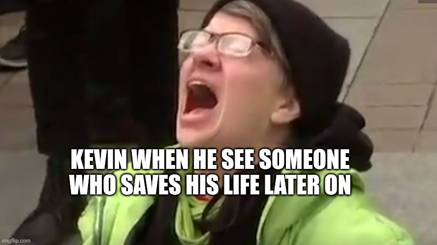 Screaming Liberal  | KEVIN WHEN HE SEE SOMEONE WHO SAVES HIS LIFE LATER ON | image tagged in screaming liberal | made w/ Imgflip meme maker