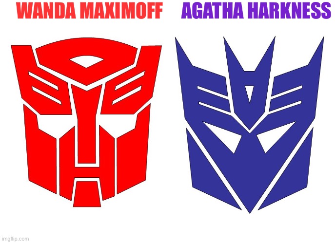 Red and Purple |  WANDA MAXIMOFF; AGATHA HARKNESS | image tagged in transformers,marvel,wanda maximoff,scarlet witch,agatha harkness | made w/ Imgflip meme maker