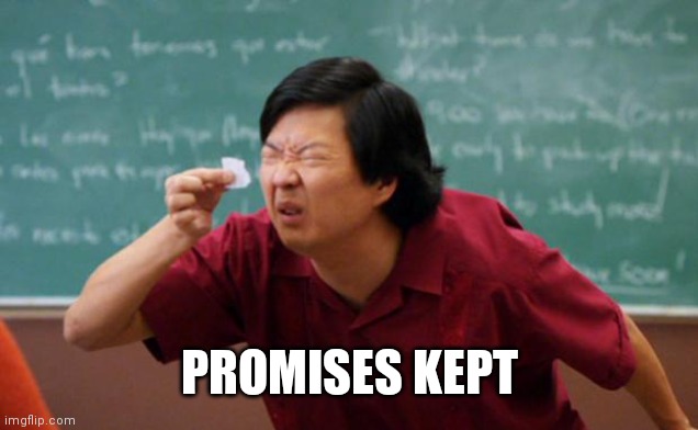 Tiny piece of paper | PROMISES KEPT | image tagged in tiny piece of paper | made w/ Imgflip meme maker