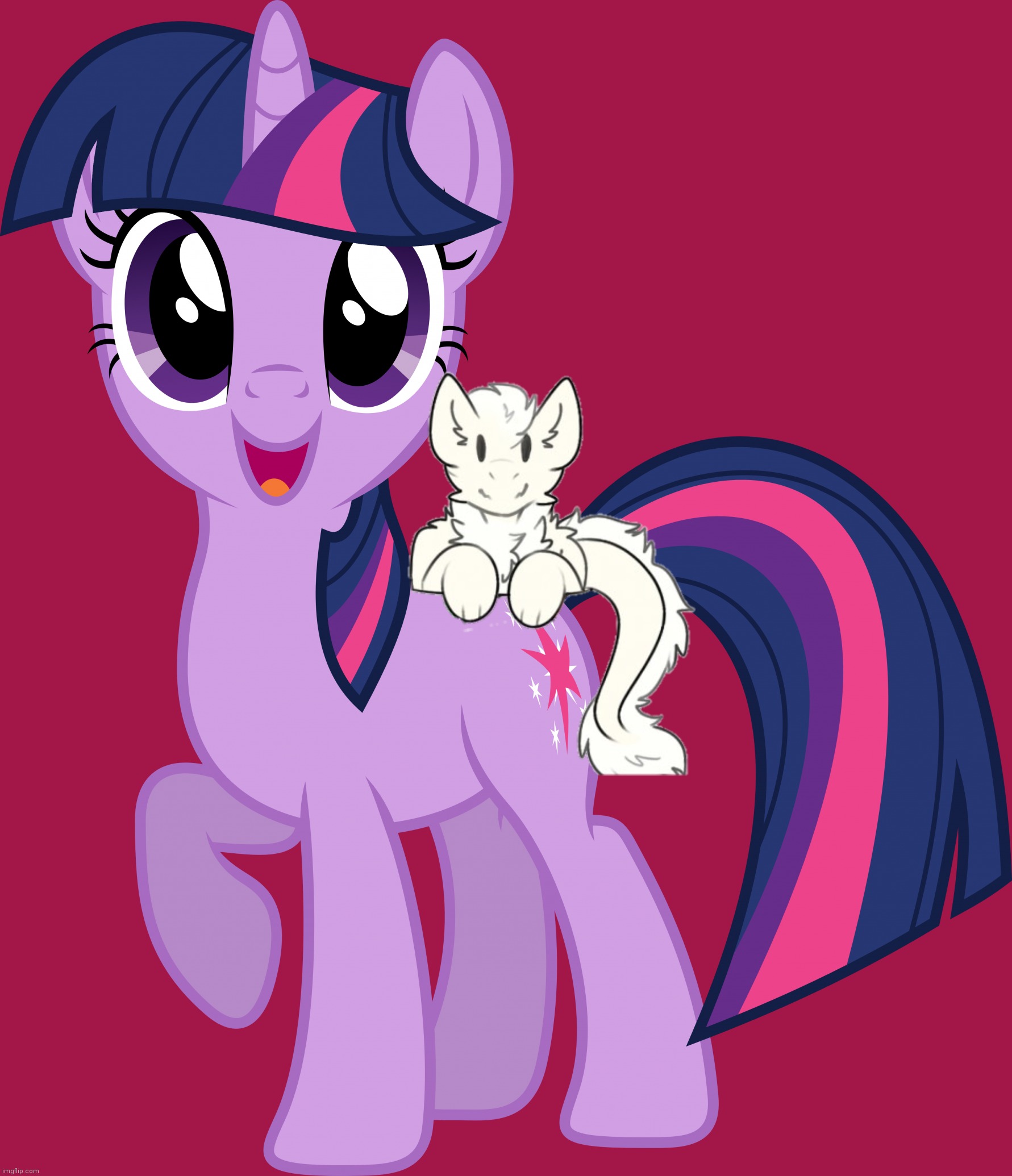 Fluffy dragon on Twilight the Unicorn | image tagged in twilight sparkle transparent,fluffy dragon | made w/ Imgflip meme maker