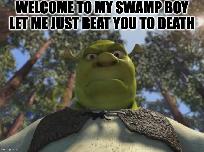 Shrek angry | WELCOME TO MY SWAMP BOY
LET ME JUST BEAT YOU TO DEATH | image tagged in shrek angry,funny,shrek,funny memes,memes,fun | made w/ Imgflip meme maker