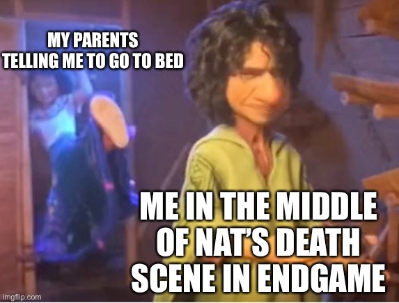 You don’t interrupt Endgame! Except to get chocolate cuz that makes me feel better when the water works start | MY PARENTS TELLING ME TO GO TO BED; ME IN THE MIDDLE OF NAT’S DEATH SCENE IN ENDGAME | image tagged in encanto meme,endgame,avengers endgame,vormir,black widow,parents | made w/ Imgflip meme maker