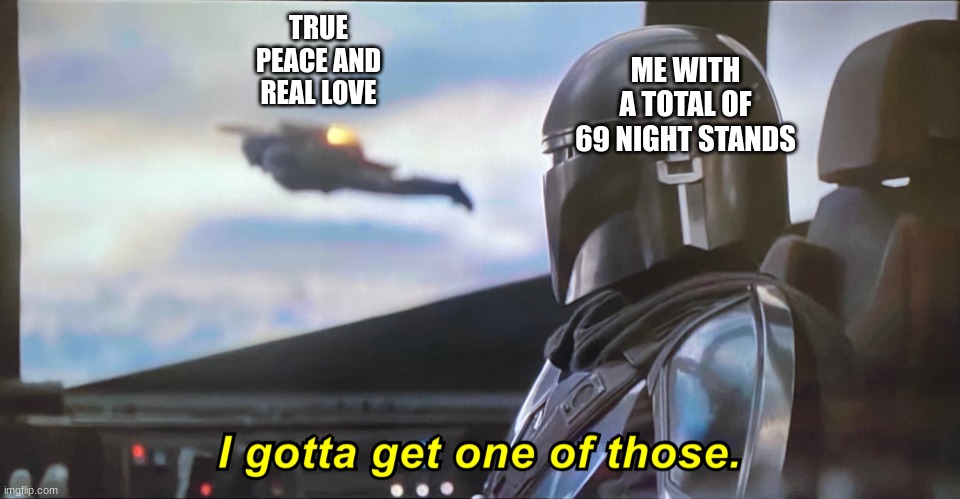Any other sussy bois out there? | ME WITH A TOTAL OF 69 NIGHT STANDS; TRUE PEACE AND REAL LOVE | image tagged in mandolorian | made w/ Imgflip meme maker