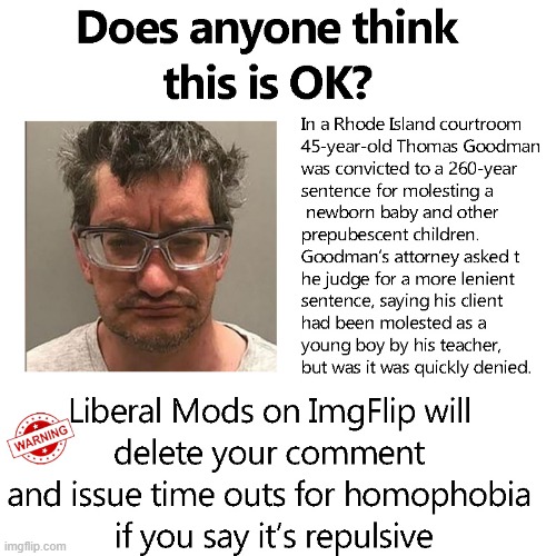 Caution you can't be repulsed by this according to ImgFlip Mods or you're HOMOPHOBIC | image tagged in homophobic,pedophile | made w/ Imgflip meme maker