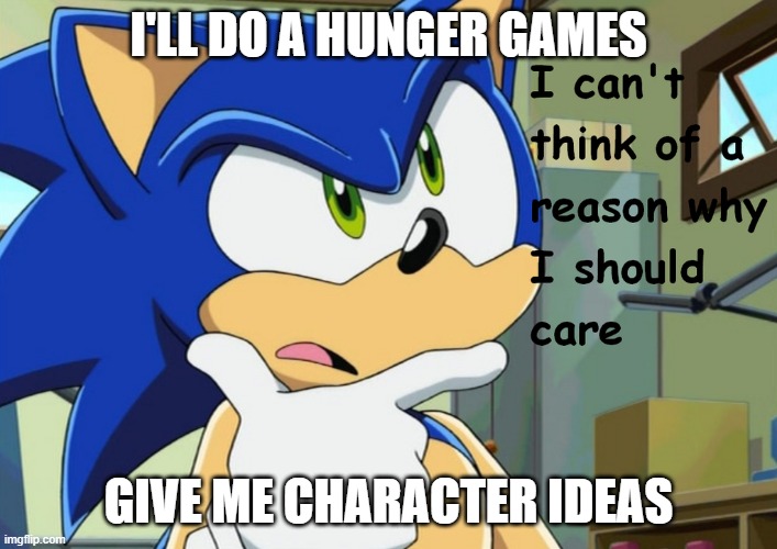 I can't think of a reason why I should care | I'LL DO A HUNGER GAMES; GIVE ME CHARACTER IDEAS | image tagged in i can't think of a reason why i should care | made w/ Imgflip meme maker