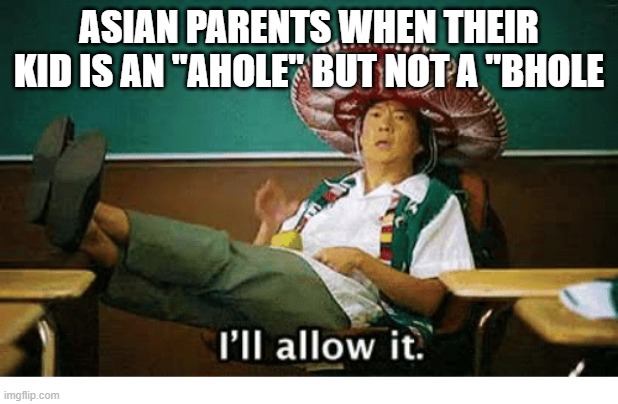 A and B | ASIAN PARENTS WHEN THEIR KID IS AN "AHOLE" BUT NOT A "BHOLE | image tagged in i ll allow it | made w/ Imgflip meme maker