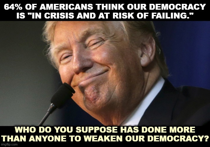 64% OF AMERICANS THINK OUR DEMOCRACY IS "IN CRISIS AND AT RISK OF FAILING."; WHO DO YOU SUPPOSE HAS DONE MORE THAN ANYONE TO WEAKEN OUR DEMOCRACY? | image tagged in trump,destroy,democracy | made w/ Imgflip meme maker