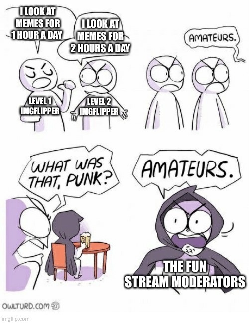 If they get paid as well, that would be ? | I LOOK AT MEMES FOR 1 HOUR A DAY; I LOOK AT MEMES FOR 2 HOURS A DAY; LEVEL 1 IMGFLIPPER; LEVEL 2 IMGFLIPPER; THE FUN STREAM MODERATORS | image tagged in amateurs,so true memes,shoutout to the mods,lol | made w/ Imgflip meme maker