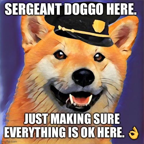 Sergeant Doggo | SERGEANT DOGGO HERE. JUST MAKING SURE EVERYTHING IS OK HERE. 👌 | image tagged in police doggo,doge,dogs,sergeant,pup | made w/ Imgflip meme maker