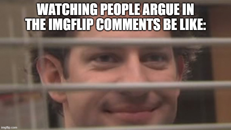 Anyone else do this? | WATCHING PEOPLE ARGUE IN THE IMGFLIP COMMENTS BE LIKE: | image tagged in jim smiles trough windows,relatable | made w/ Imgflip meme maker