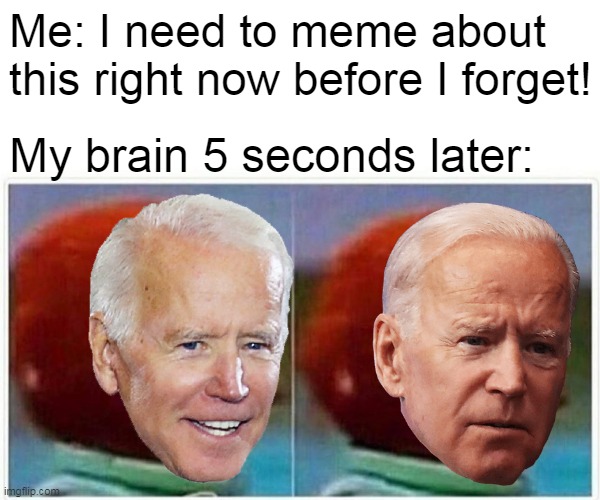  Me: I need to meme about this right now before I forget! My brain 5 seconds later: | image tagged in memes,joe biden,biden,imgflip,monkey puppet,dementia | made w/ Imgflip meme maker