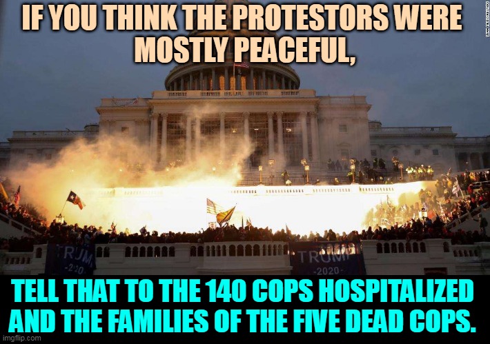 It wasn't peaceful, and you know it. | IF YOU THINK THE PROTESTORS WERE 
MOSTLY PEACEFUL, TELL THAT TO THE 140 COPS HOSPITALIZED AND THE FAMILIES OF THE FIVE DEAD COPS. | image tagged in capitol uprising,coup,attack,constitution | made w/ Imgflip meme maker