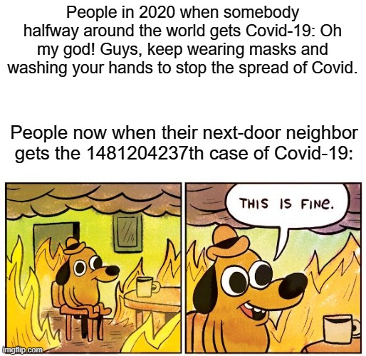 Corona evolution | People in 2020 when somebody halfway around the world gets Covid-19: Oh my god! Guys, keep wearing masks and washing your hands to stop the spread of Covid. People now when their next-door neighbor gets the 1481204237th case of Covid-19: | image tagged in memes,this is fine | made w/ Imgflip meme maker