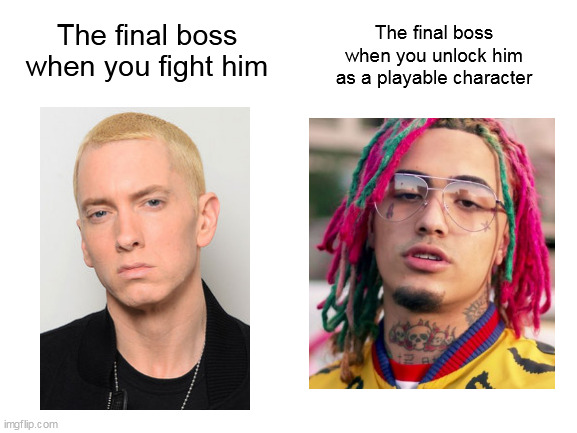 Blank White Template | The final boss when you fight him; The final boss when you unlock him as a playable character | image tagged in blank white template,memes,video games,eminem,lil pump | made w/ Imgflip meme maker