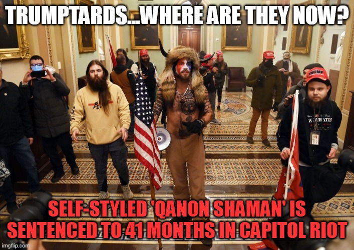 trumptards...where are they now? prison! and Joe Biden is in the White House. | TRUMPTARDS...WHERE ARE THEY NOW? SELF-STYLED 'QANON SHAMAN' IS SENTENCED TO 41 MONTHS IN CAPITOL RIOT | image tagged in capitol buffalo guy | made w/ Imgflip meme maker