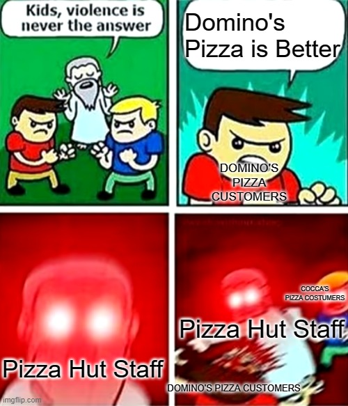 Kids, Don't OutPizza the Hut | Domino's Pizza is Better; DOMINO'S PIZZA CUSTOMERS; COCCA'S PIZZA COSTUMERS; Pizza Hut Staff; Pizza Hut Staff; DOMINO'S PIZZA CUSTOMERS | image tagged in kids violence is never the answer | made w/ Imgflip meme maker