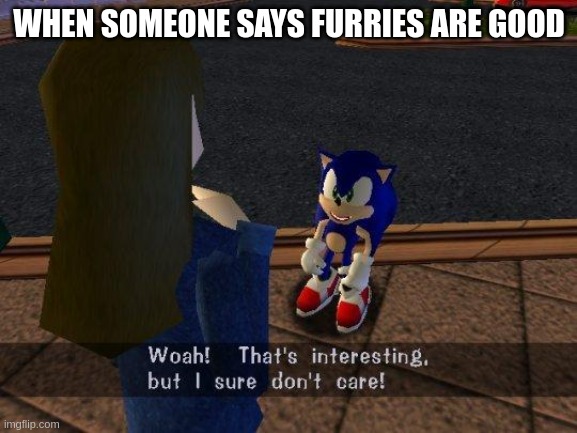 woah that's interesting but i sure dont care | WHEN SOMEONE SAYS FURRIES ARE GOOD | image tagged in woah that's interesting but i sure dont care | made w/ Imgflip meme maker