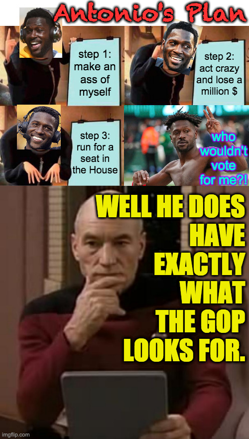 Maybe Aaron Rodgers has the same idea? | Antonio's Plan; step 1:
make an
ass of
myself; step 2:
act crazy
and lose a
million $; step 3:
run for a
seat in
the House; who wouldn't vote for me?! WELL HE DOES
HAVE
EXACTLY
WHAT
THE GOP
LOOKS FOR. | image tagged in memes,gru's plan,picard thinking,antonio brown | made w/ Imgflip meme maker