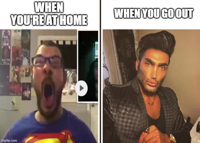 Average Fan vs Average Enjoyer | WHEN YOU'RE AT HOME; WHEN YOU GO OUT | image tagged in average fan vs average enjoyer,my life | made w/ Imgflip meme maker