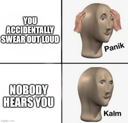 panik kalm | YOU ACCIDENTALLY SWEAR OUT LOUD NOBODY HEARS YOU | image tagged in panik kalm | made w/ Imgflip meme maker