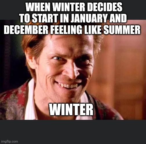 Crazy Dafoe | WHEN WINTER DECIDES TO START IN JANUARY AND DECEMBER FEELING LIKE SUMMER; WINTER | image tagged in crazy dafoe | made w/ Imgflip meme maker