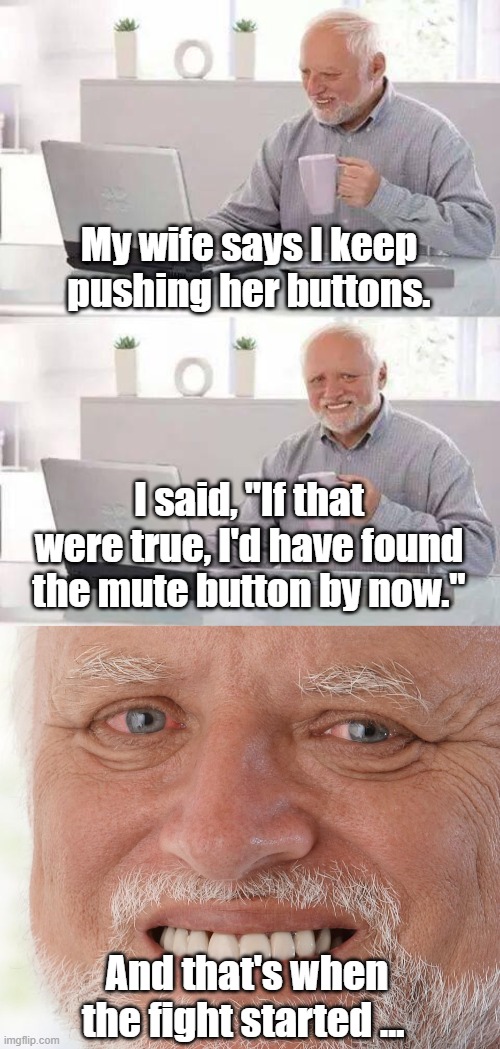  My wife says I keep pushing her buttons. I said, "If that were true, I'd have found the mute button by now."; And that's when the fight started … | image tagged in memes,hide the pain harold,button,marriage,fighting | made w/ Imgflip meme maker