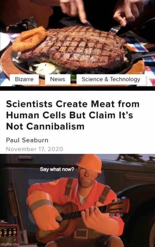 Meat from human cells | image tagged in say what now,meat,memes,meme,science,cannibalism | made w/ Imgflip meme maker