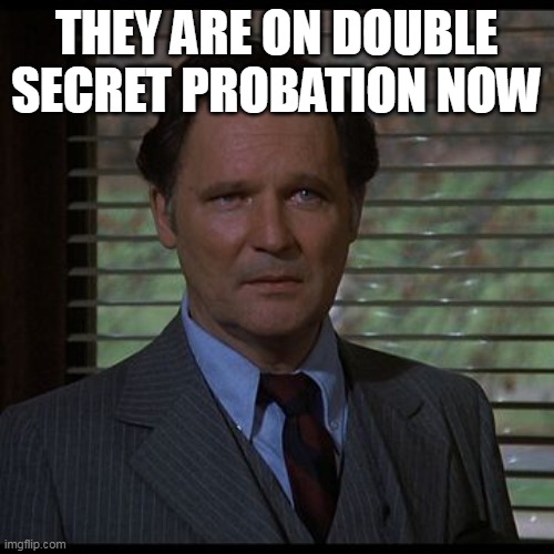 Double secret probation | THEY ARE ON DOUBLE SECRET PROBATION NOW | image tagged in double secret probation | made w/ Imgflip meme maker