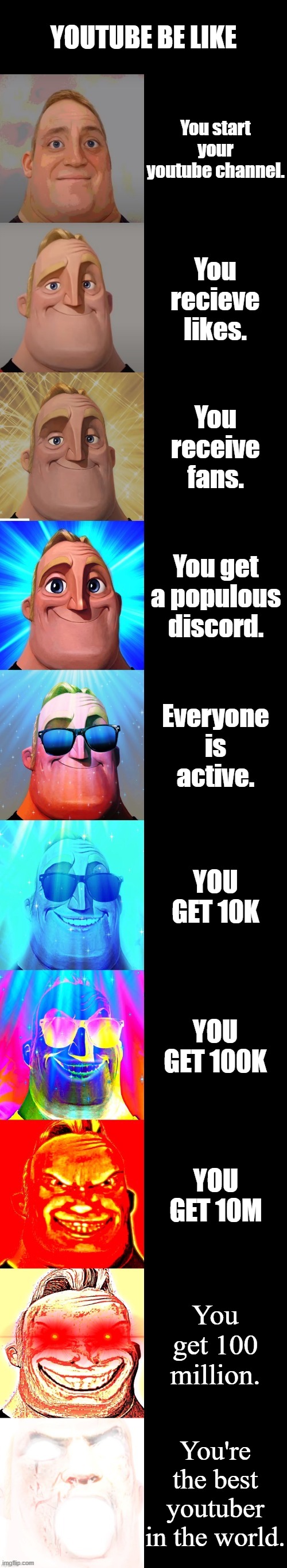 Mr Incredible becoming canny - Progressive Youtube | YOUTUBE BE LIKE; You start your youtube channel. You recieve likes. You receive fans. You get a populous discord. Everyone is active. YOU GET 10K; YOU GET 100K; YOU GET 10M; You get 100 million. You're the best youtuber in the world. | image tagged in mr incredible becoming canny | made w/ Imgflip meme maker