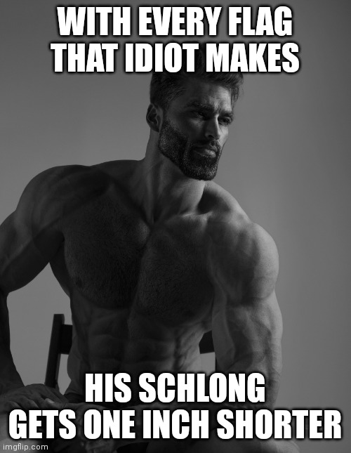 Giga Chad | WITH EVERY FLAG THAT IDIOT MAKES; HIS SCHLONG GETS ONE INCH SHORTER | image tagged in giga chad | made w/ Imgflip meme maker