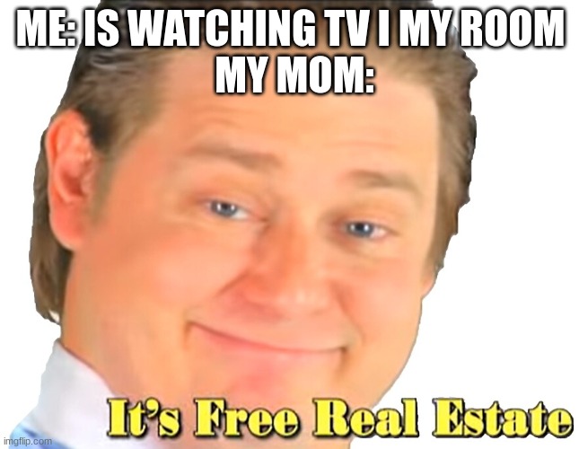 Literally she jut walked in with my sister who was crying | ME: IS WATCHING TV I MY ROOM
 MY MOM: | image tagged in it's free realestate | made w/ Imgflip meme maker