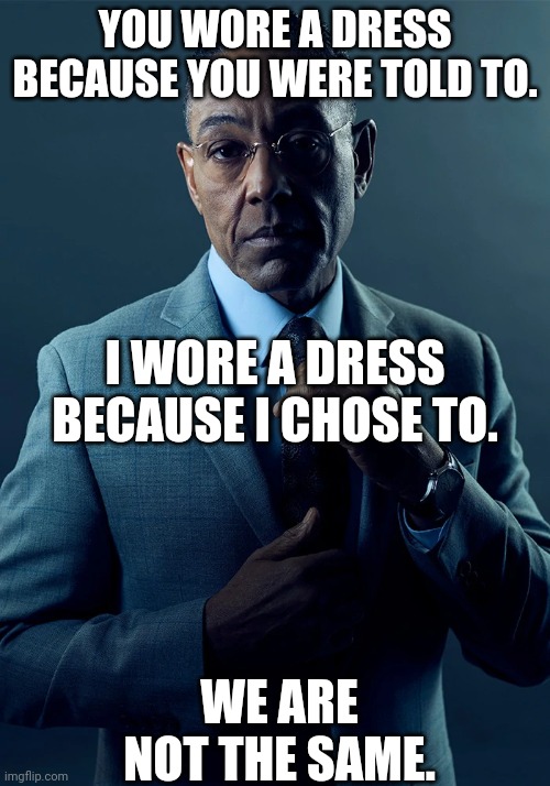 We are not the same | YOU WORE A DRESS BECAUSE YOU WERE TOLD TO. I WORE A DRESS BECAUSE I CHOSE TO. WE ARE NOT THE SAME. | image tagged in we are not the same | made w/ Imgflip meme maker