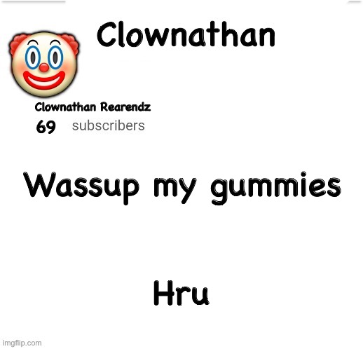 Clownathan template by Jummy | Wassup my gummies; Hru | image tagged in clownathan template by jummy | made w/ Imgflip meme maker