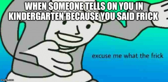 Excuse Me What The Frick | WHEN SOMEONE TELLS ON YOU IN KINDERGARTEN BECAUSE YOU SAID FRICK | image tagged in excuse me what the frick | made w/ Imgflip meme maker